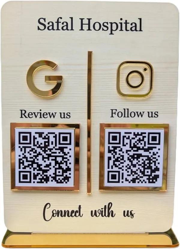Safal_Hospital_QR_Code_Review_And_Follow_Us_Tabletop_Sign