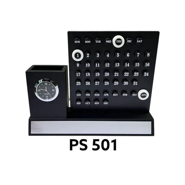 Black_Desktop_Calendar_Clock_With_Pen_Holder