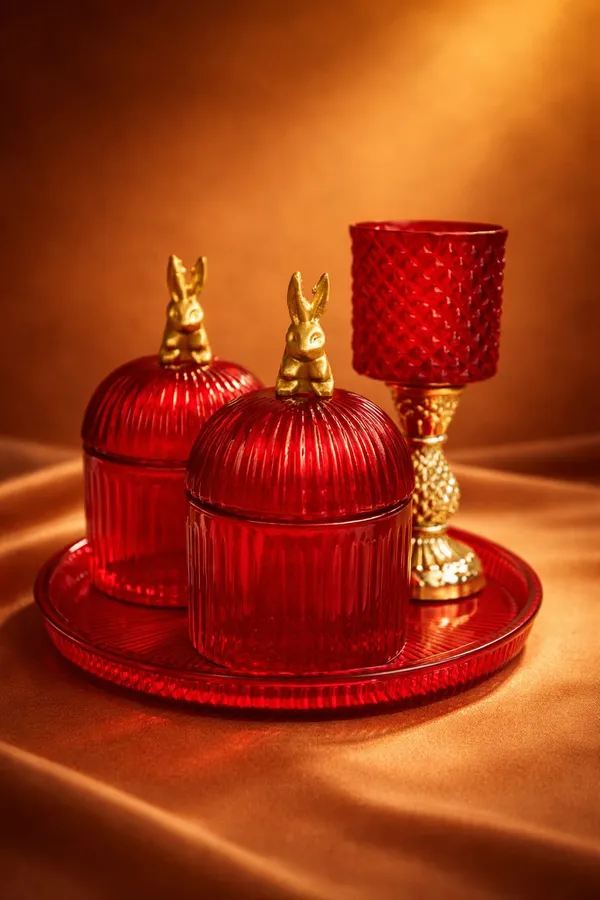 Red_Glass_Ribbed_Decorative_Rabbit_Lid_Jar_Set