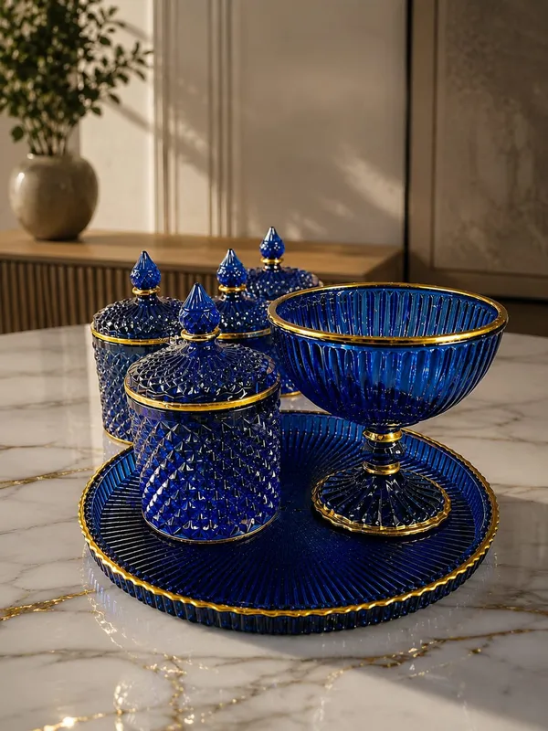 Glass_Blue_And_Gold_Textured_Serving_Tray_Set