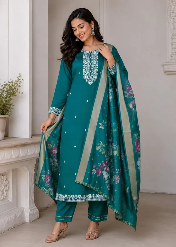 Dark_Green_Rayon_Embroidered_Kurta_Palazzo_&_Dupatta_Set_For_Women