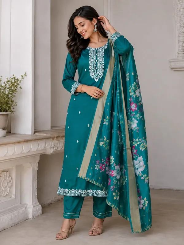 Dark_Green_Rayon_Embroidered_Kurta_Palazzo_&_Dupatta_Set_For_Women