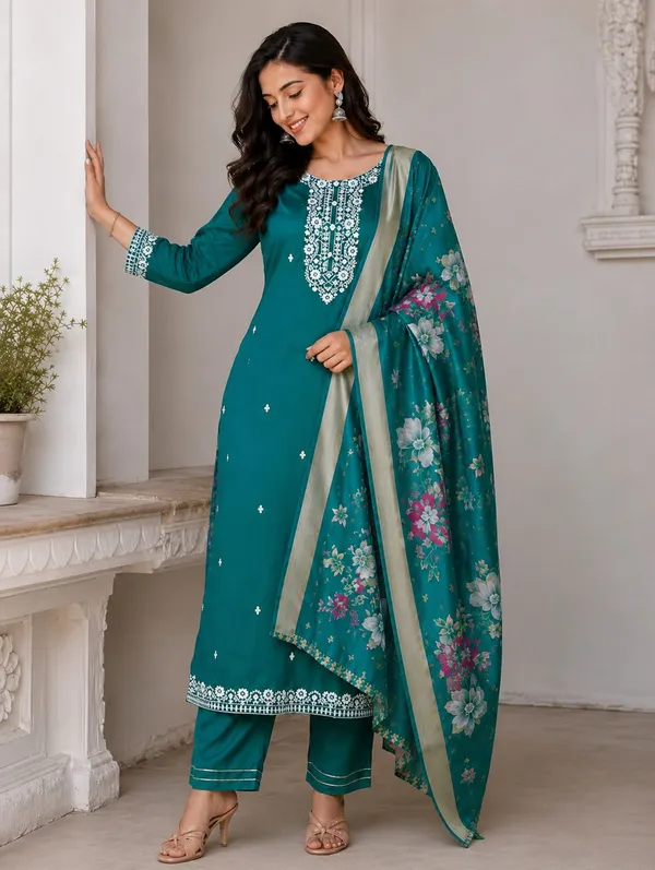 Dark_Green_Rayon_Embroidered_Kurta_Palazzo_&_Dupatta_Set_For_Women