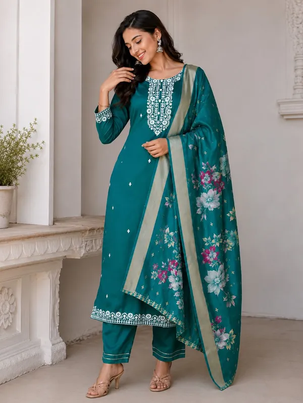 Dark_Green_Rayon_Embroidered_Kurta_Palazzo_&_Dupatta_Set_For_Women