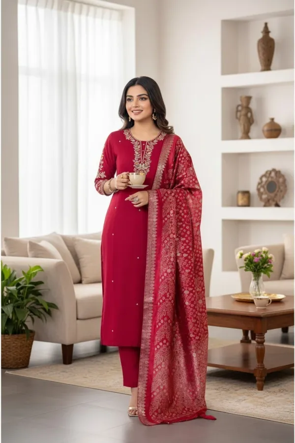 Red_Rayon_Straight_Embroidered_Kurta_Set_For_Women