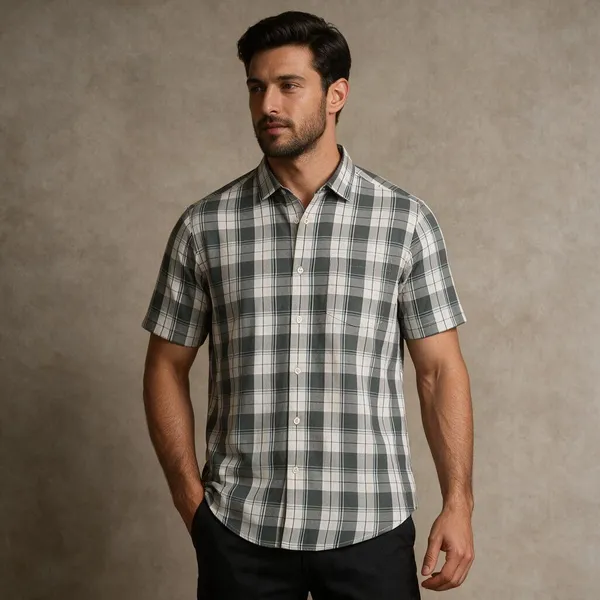 Grey_Cotton_Plaid_Short_Sleeve_Shirt_For_Men