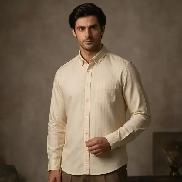 Cream_Cotton_Regular_Fit_Textured_Shirt_And_Olive_Green_Cotton_Signature_Fit_Utility_Shacket_For_Men_Pack_Of_2