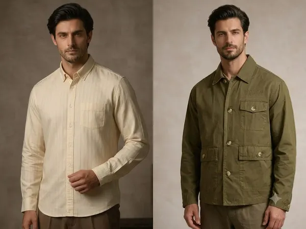 Cream_Cotton_Regular_Fit_Textured_Shirt_And_Olive_Green_Cotton_Signature_Fit_Utility_Shacket_For_Men_Pack_Of_2