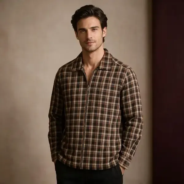 Beige_Cotton_Linen_Full_Sleeve_Button-Down_Shirt_And_Brown_Cotton_Regular_Fit_Checked_Zip_Shacket_For_Men_Pack_Of_2