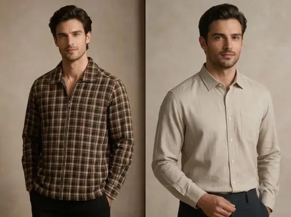 Beige_Cotton_Linen_Full_Sleeve_Button-Down_Shirt_And_Brown_Cotton_Regular_Fit_Checked_Zip_Shacket_For_Men_Pack_Of_2