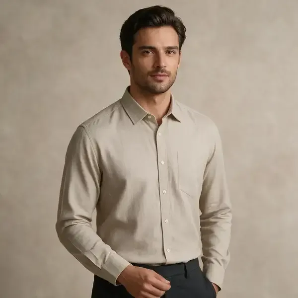 Beige_Cotton_Linen_Full_Sleeve_Button-Down_Shirt_And_Brown_Cotton_Regular_Fit_Checked_Zip_Shacket_For_Men_Pack_Of_2