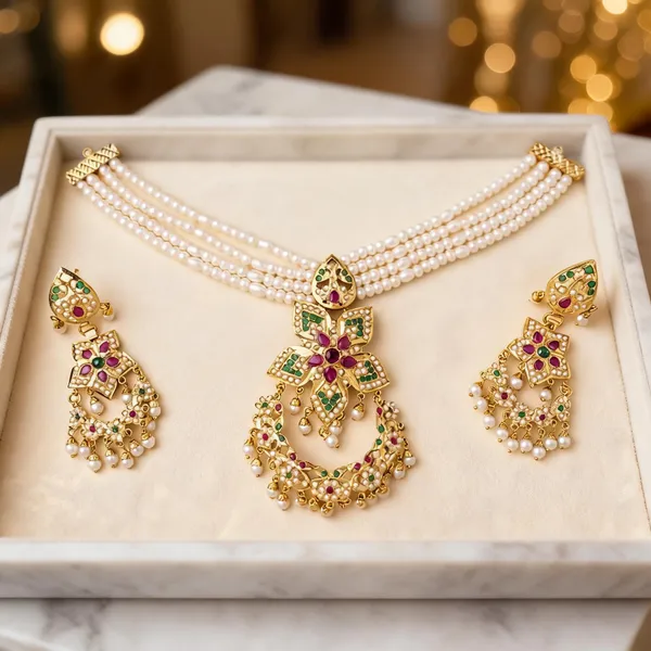Gold_Metal__And_Synthetic_Pearl_Necklace_Set_For_Women