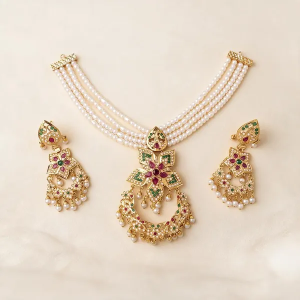 Gold_Metal__And_Synthetic_Pearl_Necklace_Set_For_Women