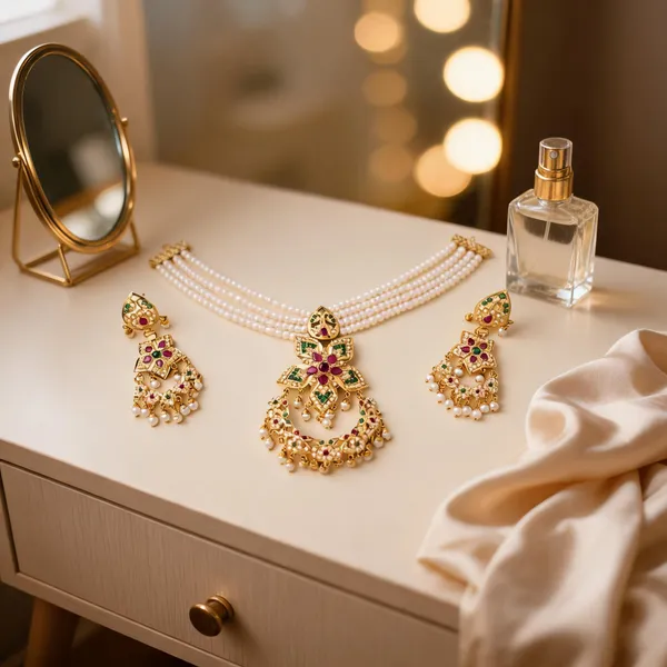 Gold_Metal__And_Synthetic_Pearl_Necklace_Set_For_Women