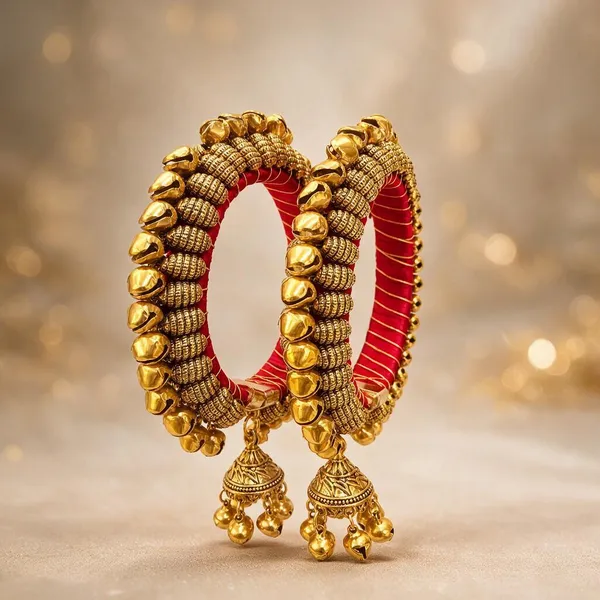 Gold__And_Red_Metal_Jhumka_Earrings_For_Women