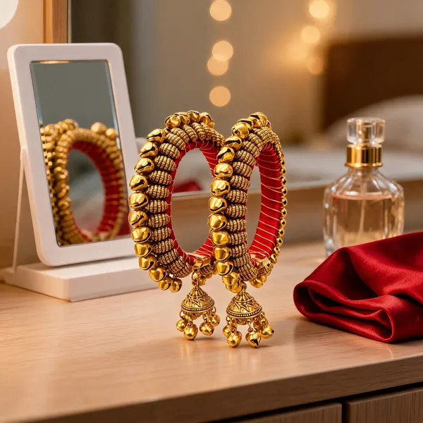 Gold__And_Red_Metal_Jhumka_Earrings_For_Women