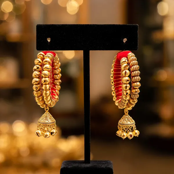 Gold__And_Red_Metal_Jhumka_Earrings_For_Women
