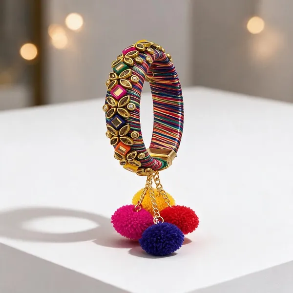 Multicolor_Wool__And_Metal_Bangle_Bracelet_For_Women