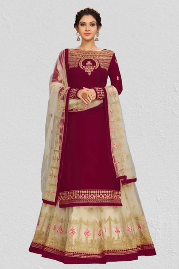 Maroon_Georgette_Net_Embroidery_Stone_Work_Straight_Kurta_Lehenga_Dupatta_Set_For_Women