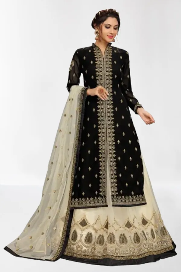 Black_Georgette_Net_Embroidery_Stone_Work_Straight_Kurta_Lehenga_Dupatta_Set_For_Women