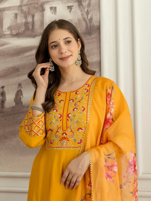 Yellow_Cotton_Silk_Embroidery_Sequence_A_Line_Kurta_Pant_Dupatta_Set_For_Women