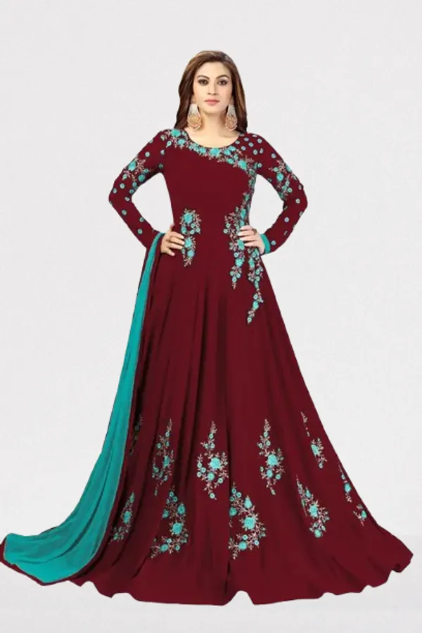 Maroon_Georgette_Pleated_Anarkali_Embroidery_Kurta_Pant_Set_With_Dupatta_For_Women