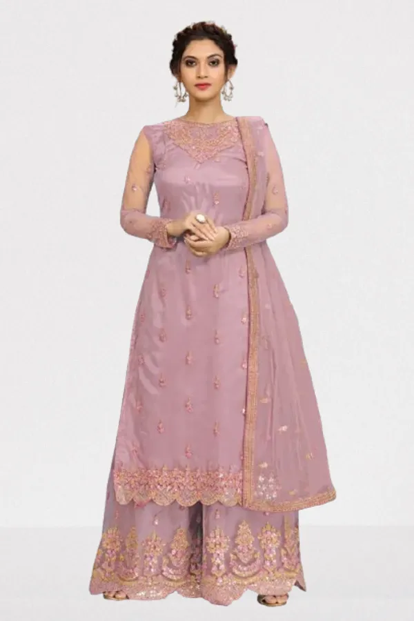 Peach_Net_Sequin_Embroidery_Straight_Kurta_Sharara_Set_With_Dupatta_For_Women