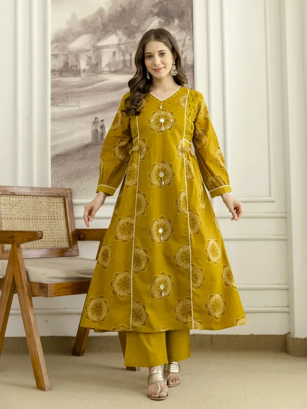 Mustard_Cotton_Floral_Hand_Block_Printed_Sequin_Embroidery_Work_A-Line_Kurta_Pant_Dupatta_Set
