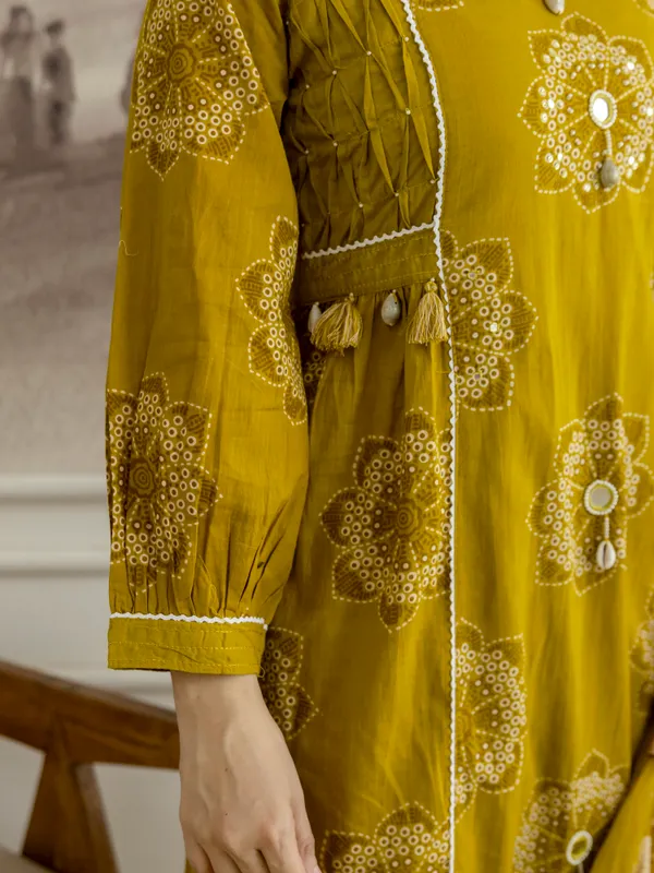 Mustard_Cotton_Floral_Hand_Block_Printed_Sequin_Embroidery_Work_A-Line_Kurta_Pant_Dupatta_Set