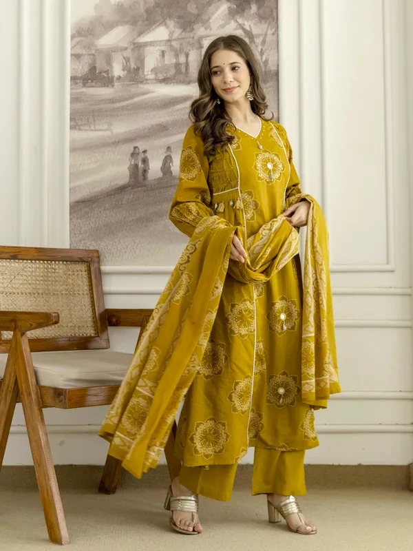 Mustard_Cotton_Floral_Hand_Block_Printed_Sequin_Embroidery_Work_A-Line_Kurta_Pant_Dupatta_Set