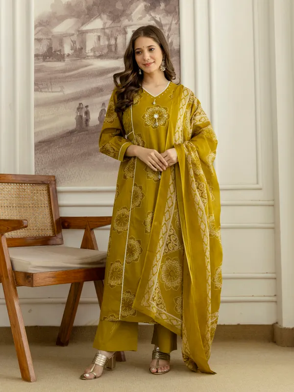 Mustard_Cotton_Floral_Hand_Block_Printed_Sequin_Embroidery_Work_A-Line_Kurta_Pant_Dupatta_Set