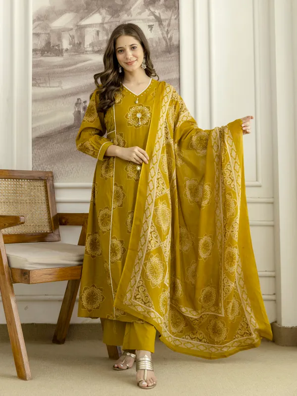 Mustard_Cotton_Floral_Hand_Block_Printed_Sequin_Embroidery_Work_A-Line_Kurta_Pant_Dupatta_Set
