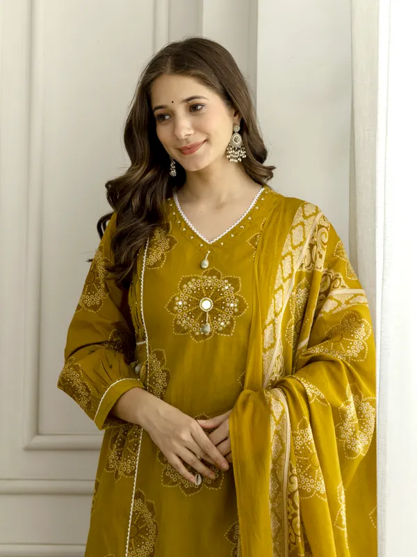 Mustard_Cotton_Floral_Hand_Block_Printed_Sequin_Embroidery_Work_A-Line_Kurta_Pant_Dupatta_Set
