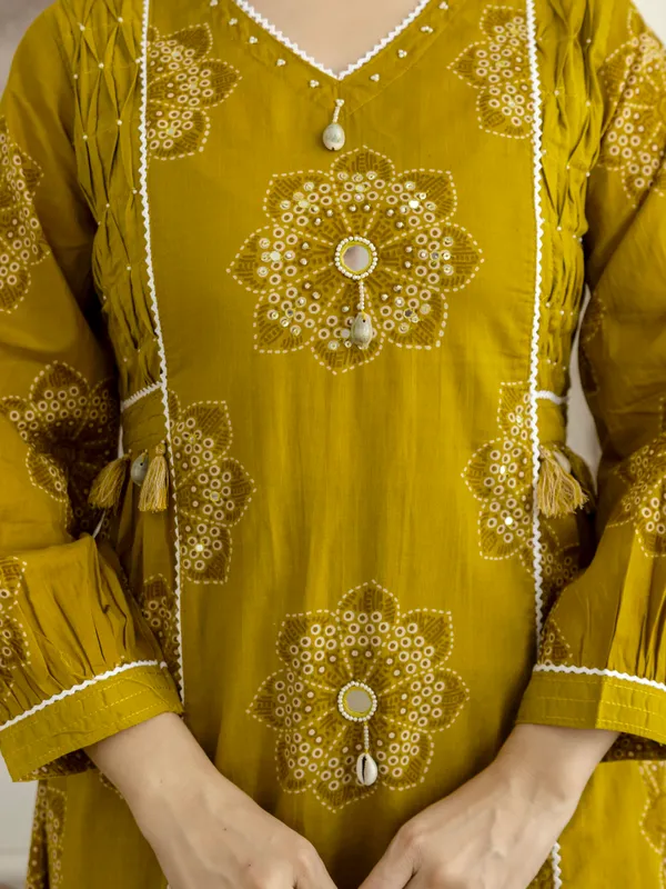 Mustard_Cotton_Floral_Hand_Block_Printed_Sequin_Embroidery_Work_A-Line_Kurta_Pant_Dupatta_Set