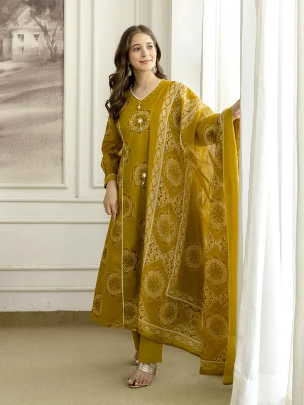 Mustard_Cotton_Floral_Hand_Block_Printed_Sequin_Embroidery_Work_A-Line_Kurta_Pant_Dupatta_Set