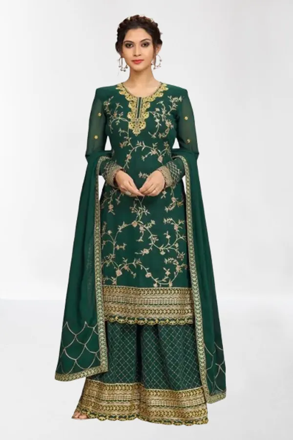 Dark_Green_Georgette_Embroidery_Stone_Work_Straight_Kurta_Sharara_Dupatta_Set_For_Women