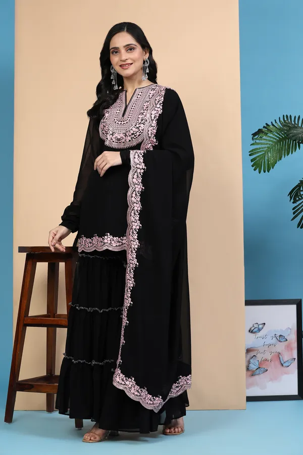 Black_Georgette_Sequin_Embroidery_Straight_Kurta_Sharara_Set_For_Women
