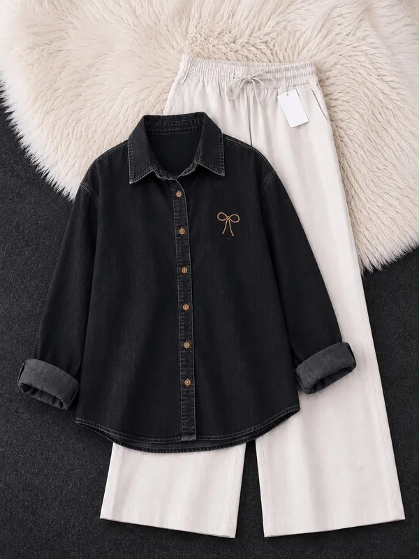 Black_Denim_Shirt_And_White_Pants_Co_Ord_Set_For_Women