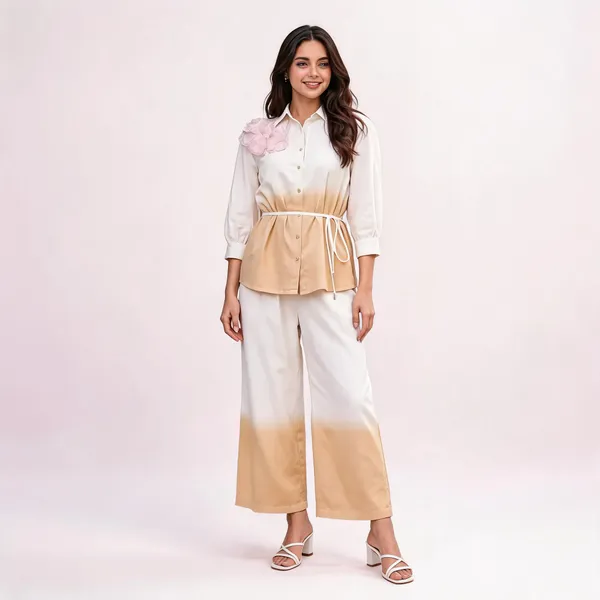 White_Beige_Ombre_Shirt_And_Wide_Leg_Pants_Set_for_Women
