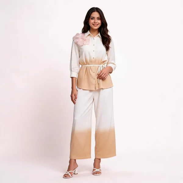 White_Beige_Ombre_Shirt_And_Wide_Leg_Pants_Set_for_Women