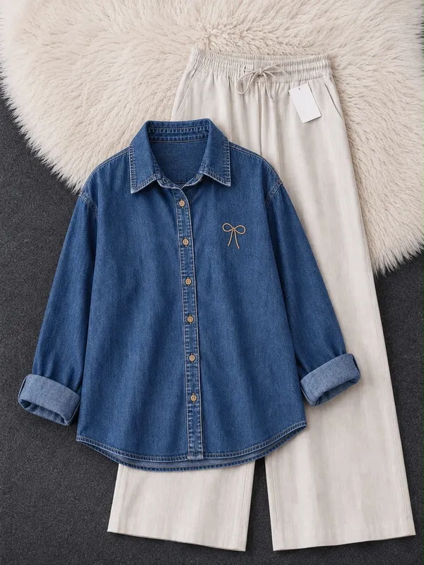 Blue_Denim_Shirt_And_White_Trousers_Co_Ord_Set_For_Women