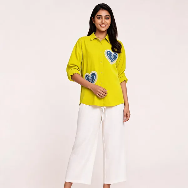 Yellow_Embellished_Shirt_And_White_Pants_Set_For_Women