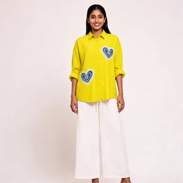 Yellow_Embellished_Shirt_And_White_Pants_Set_For_Women