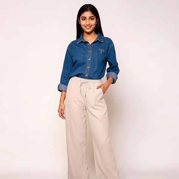 Blue_Denim_Shirt_And_White_Trousers_Co_Ord_Set_For_Women