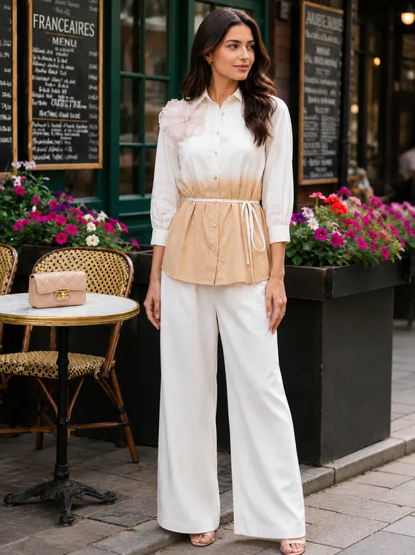 White_Beige_Ombre_Shirt_And_Wide_Leg_Pants_Set_for_Women