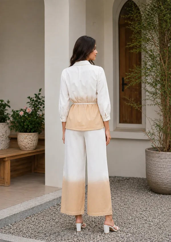White_Beige_Ombre_Shirt_And_Wide_Leg_Pants_Set_for_Women