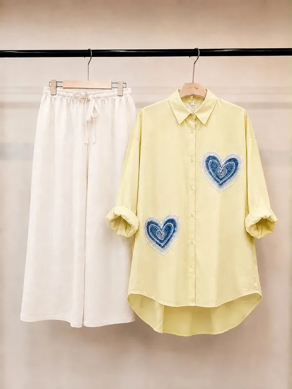 Yellow_Heart_Patch_Shirt_And_White_Pants_Set_For_Women