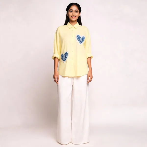 Yellow_Heart_Patch_Shirt_And_White_Pants_Set_For_Women