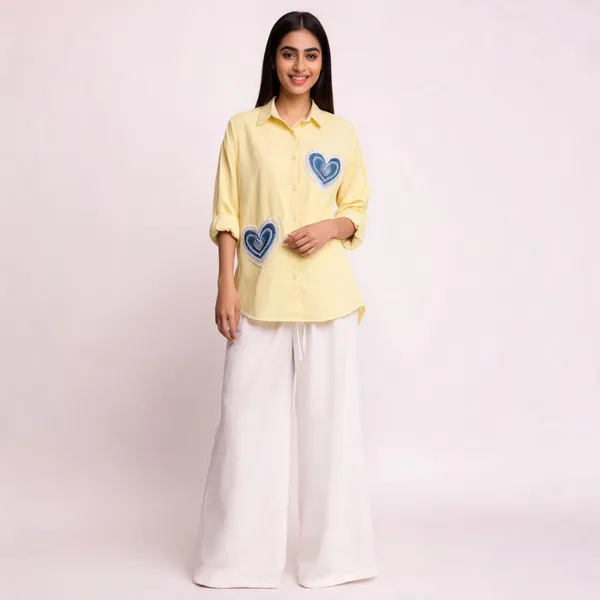 Yellow_Heart_Patch_Shirt_And_White_Pants_Set_For_Women