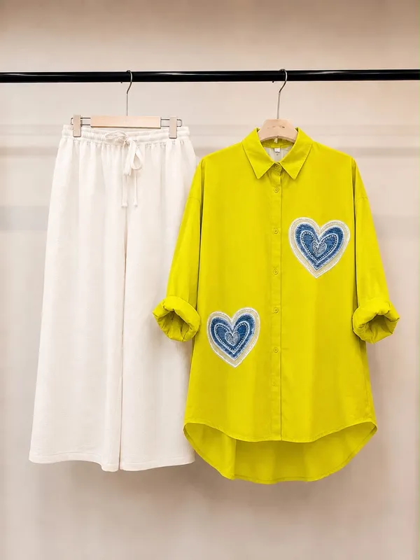 Yellow_Embellished_Shirt_And_White_Pants_Set_For_Women